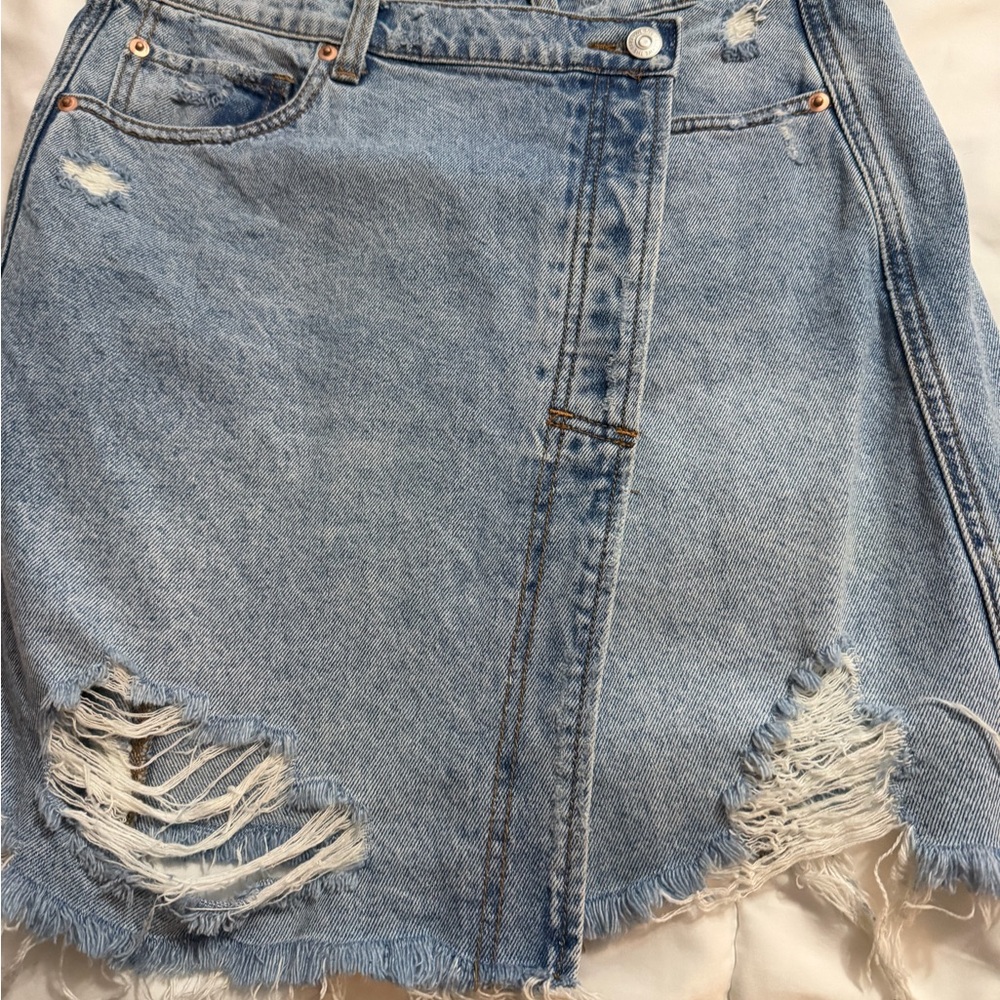 Free People Surfs Up Ripped Denim Asymmetrical Denim Skirt - Picture 8 of 9